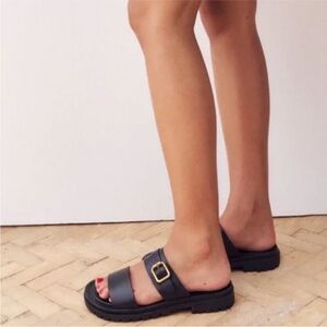 Zara Lug Sole Flat Leather Sandals Two
Strap Black Gold Buckle Size 39 US 8
